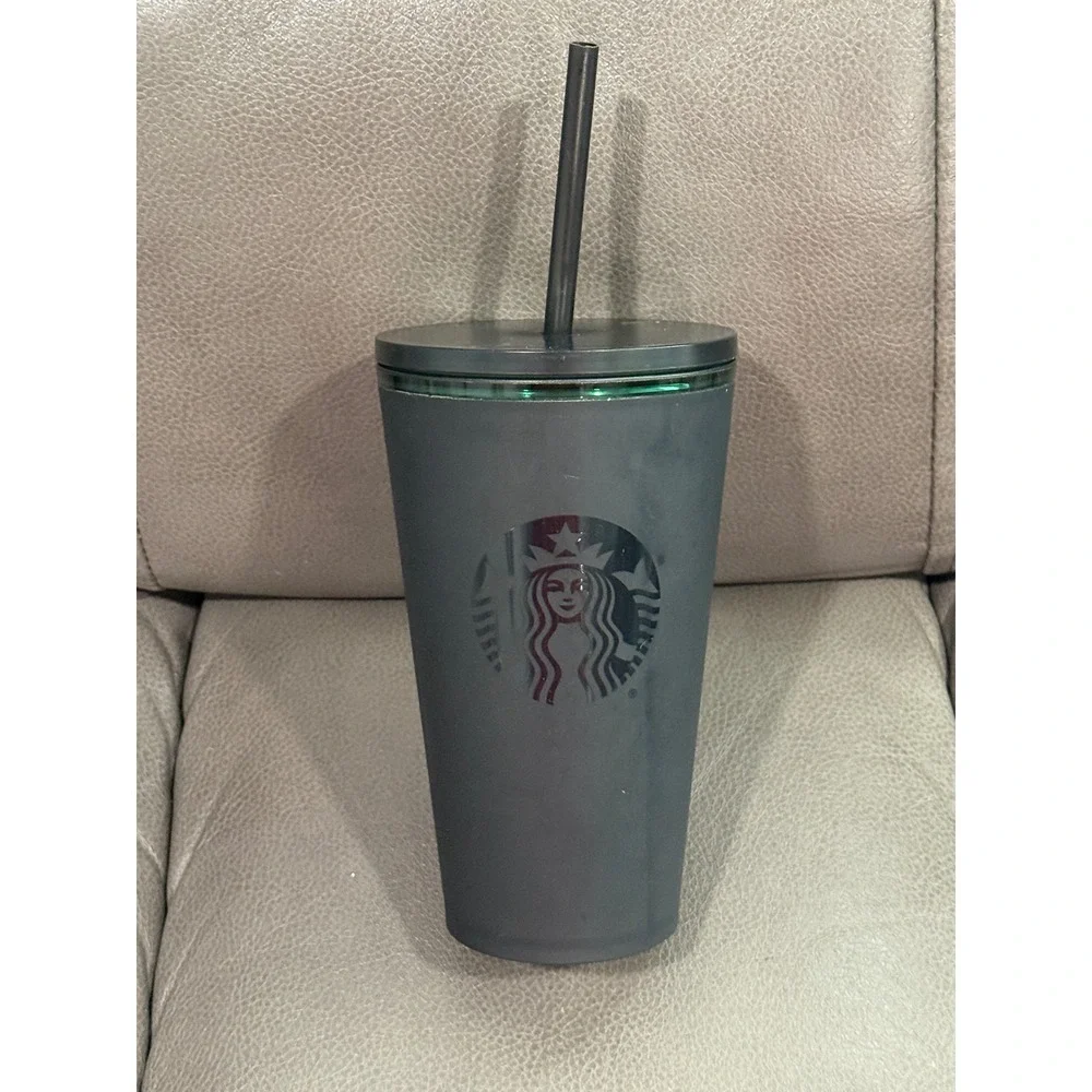 Starbucks Matte Black green Cold Cup Tumbler 16oz‎ Siren Logo Reusable 011120477
